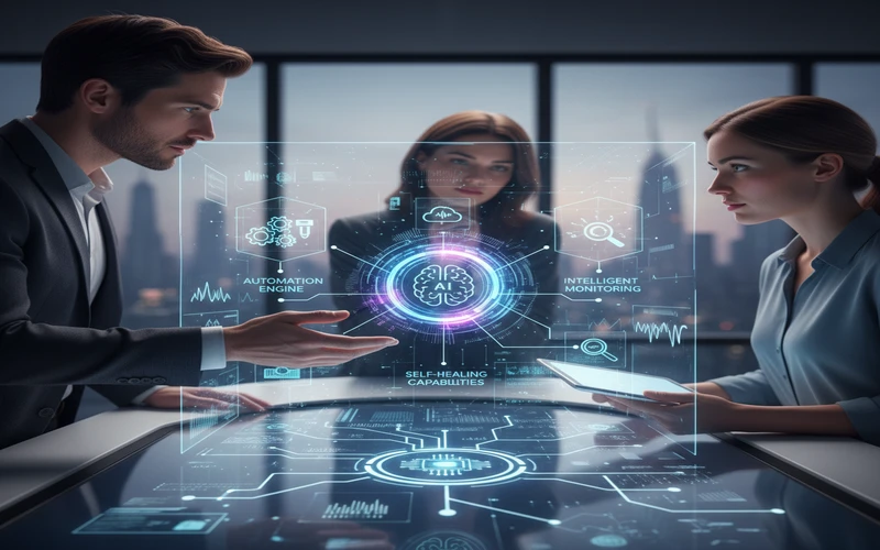 Architecture diagram showing AI and automation components integrated with cloud infrastructure including intelligent monitoring and self-healing capabilities