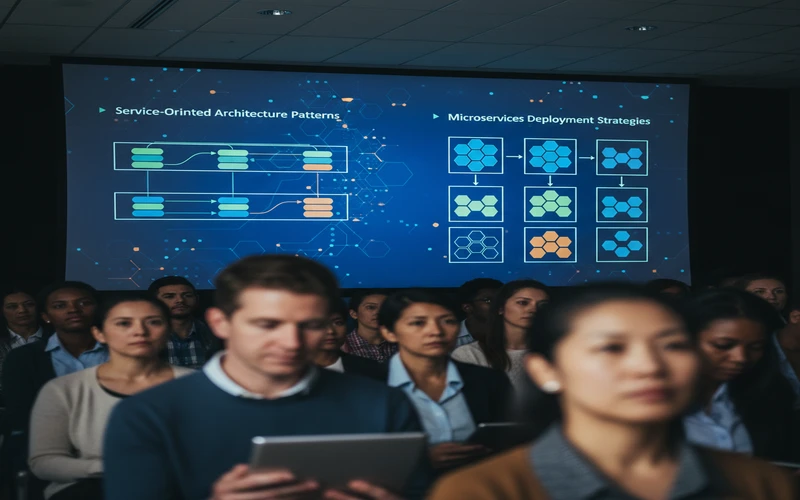 Conference presentation slide showing service-oriented architecture patterns and microservices deployment strategies
