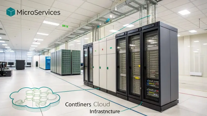 Diagram showing microservices architecture with containers and cloud infrastructure