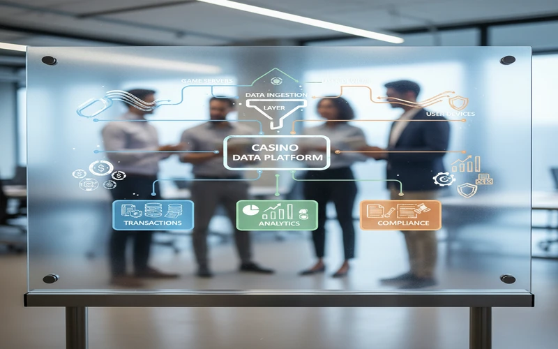 Diagram showing microservices architecture for casino data platform with independent services for transactions, analytics, and compliance