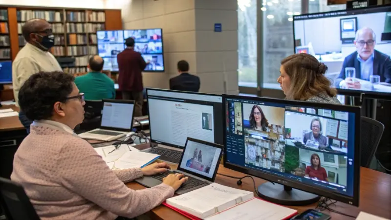 Researchers participating in virtual conference sessions from different locations worldwide