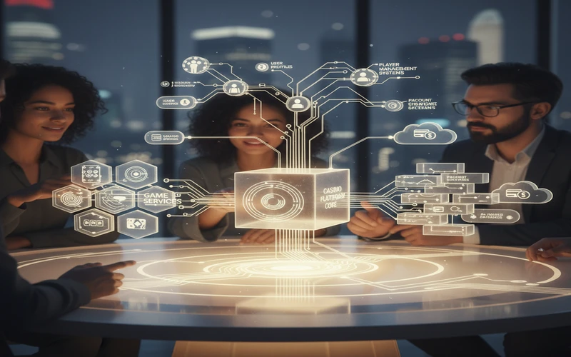 Service oriented architecture diagram showing casino platform components including game services, payment gateways, and player management systems